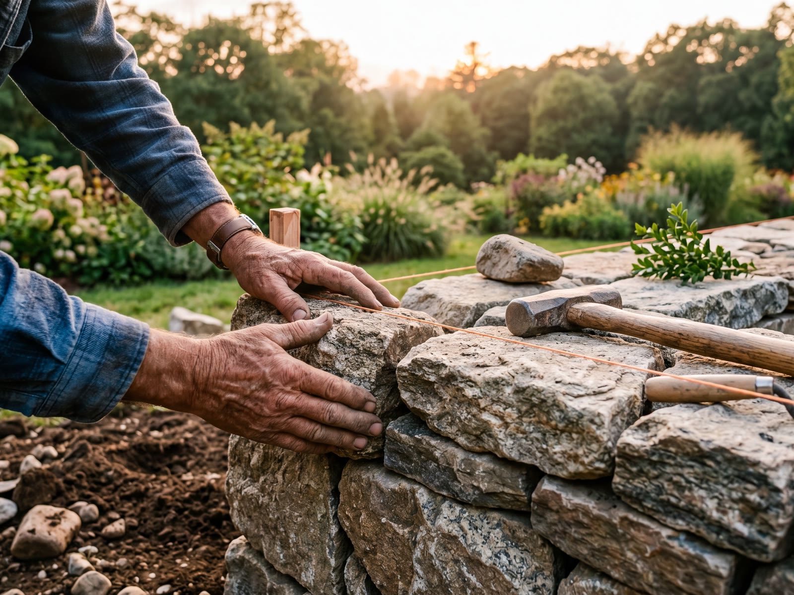 A craftsperson's hands setting a dry-laid fieldstone wall at golden hour